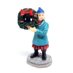 Rare Vintage Lemax Lady Holding Christmas Reef In Snow Figurine Shelf Sitter